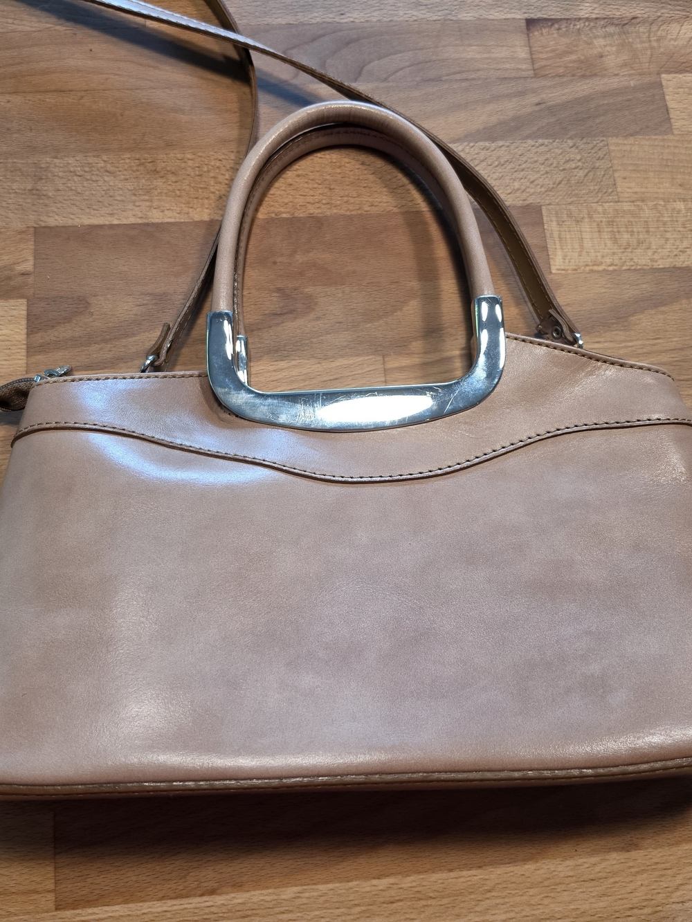 Structured ITALIAN Leather Nude/Tan Satchel with Silver Accent Hardware
